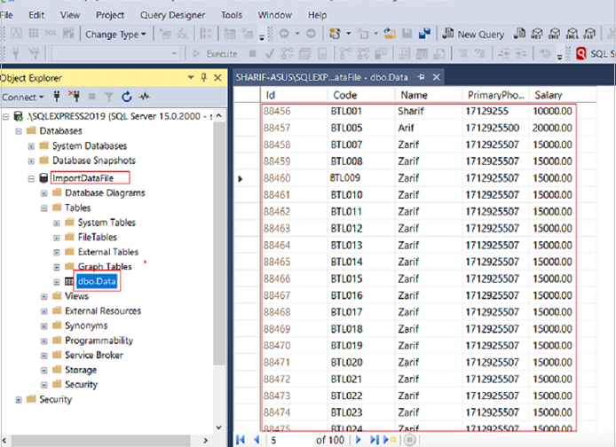 Table with Imported Data